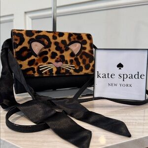 Kate Spade Kitty Cat Leopard Limited Edition Black Leather Calf Hair Crossbody